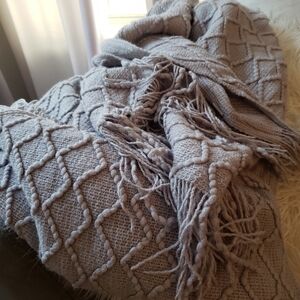 Grey knit tassel throw blanket